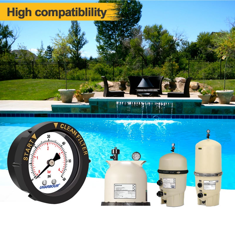 Uharbour Pool Pressure Gauge 60psi 1/4" NPT Back Mount, 2" Dial Pool Filter Pressure Gauge with Adjustable Bezel, Replacement for Swimming Pool Valve Filter - Image 2